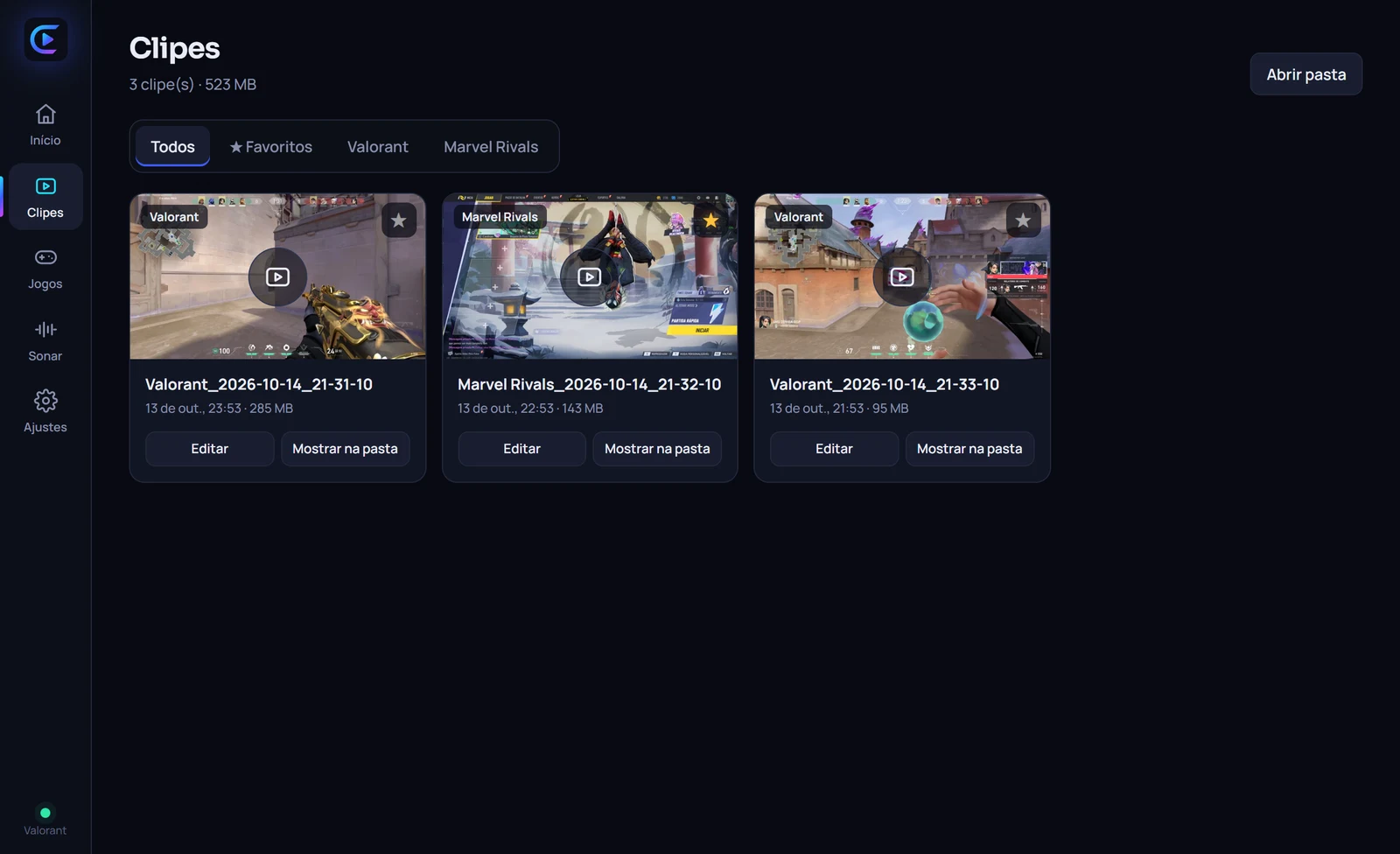 Página de clipes do ClipCore com os clipes organizados por jogo e favoritos