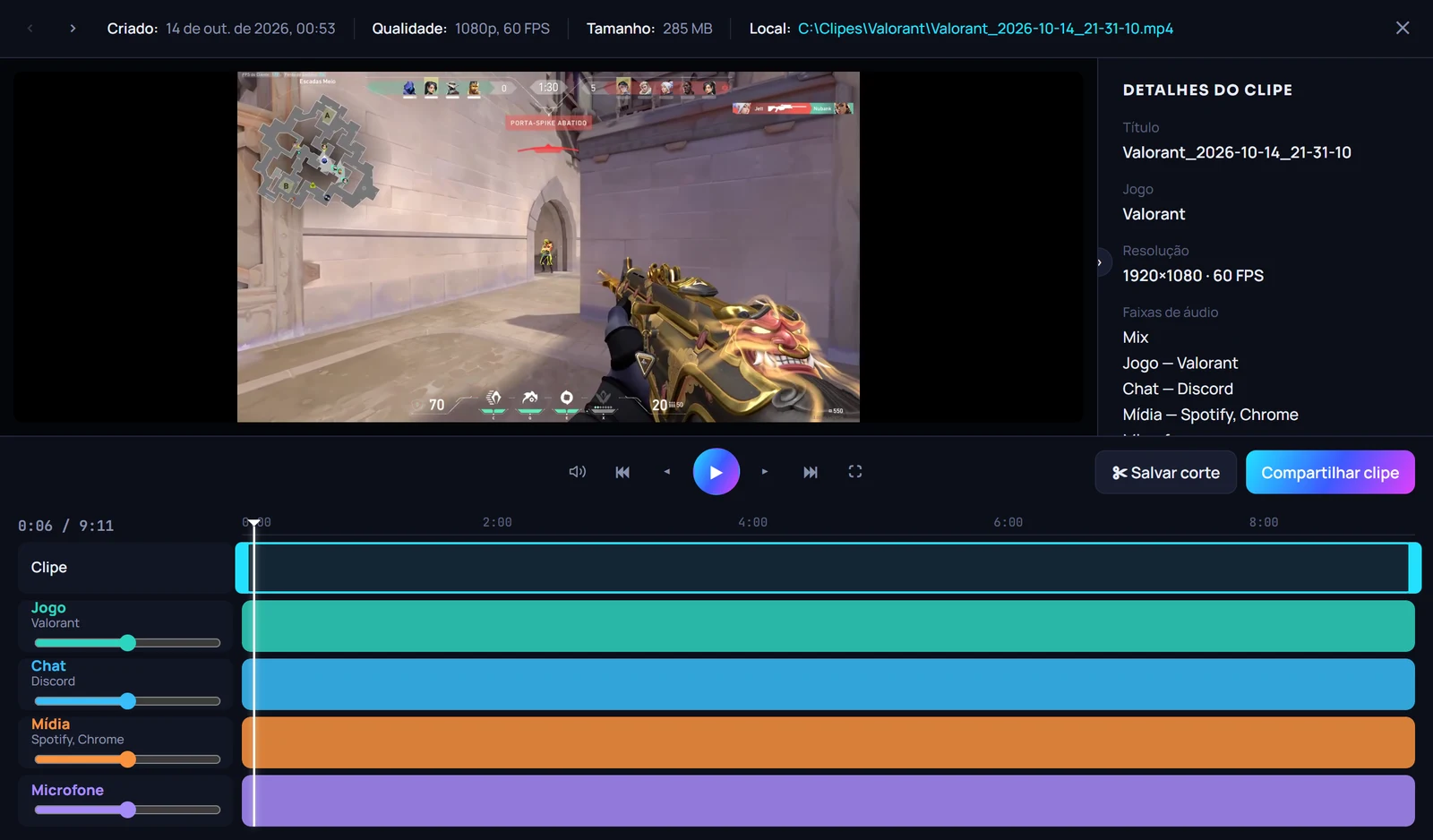 Editor do ClipCore com as faixas Jogo, Chat, Mídia e Microfone separadas